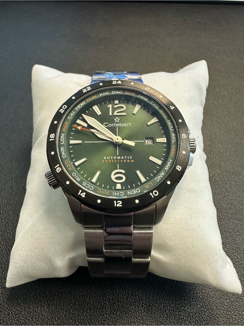 Cortebert Elevation World Time Automatic Watch - Emerald Green Dial CB-3013 NEW